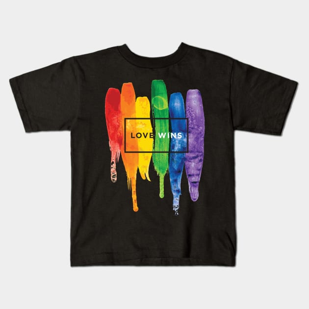 Watercolor LGBT Love Wins Rainbow Paint Typographic Kids T-Shirt by LGBT